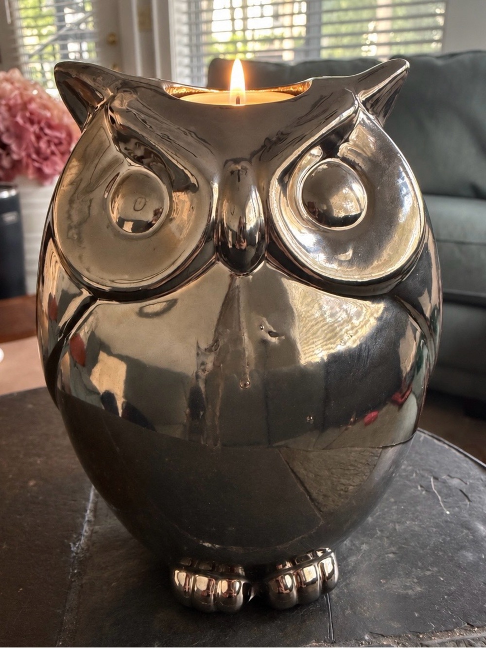 Source Unknown Silver Ceramic Owl Candle Holder